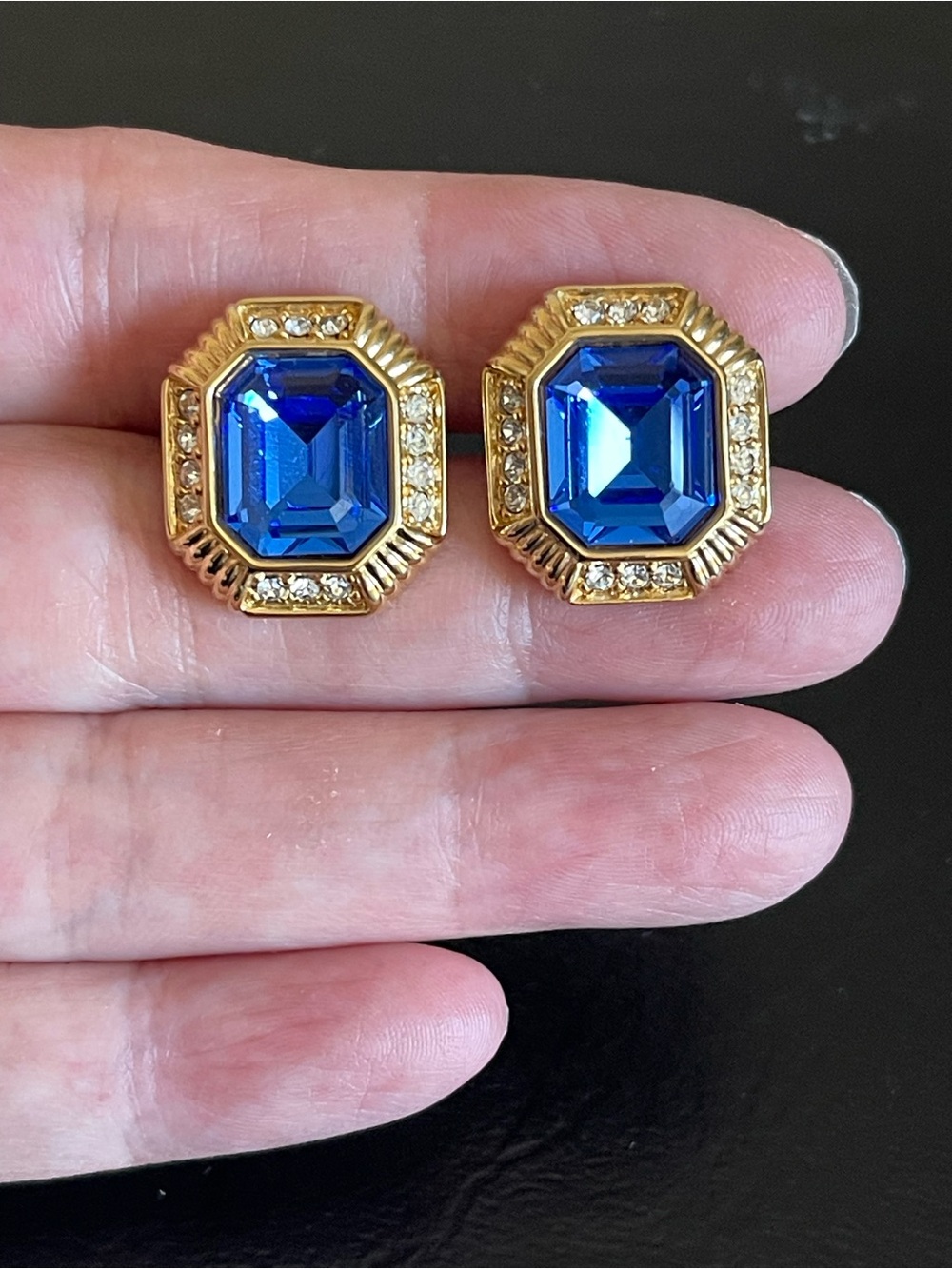 Vintage Swarovski Gold-Tone Royal Blue and clear Crystal Earrings.
